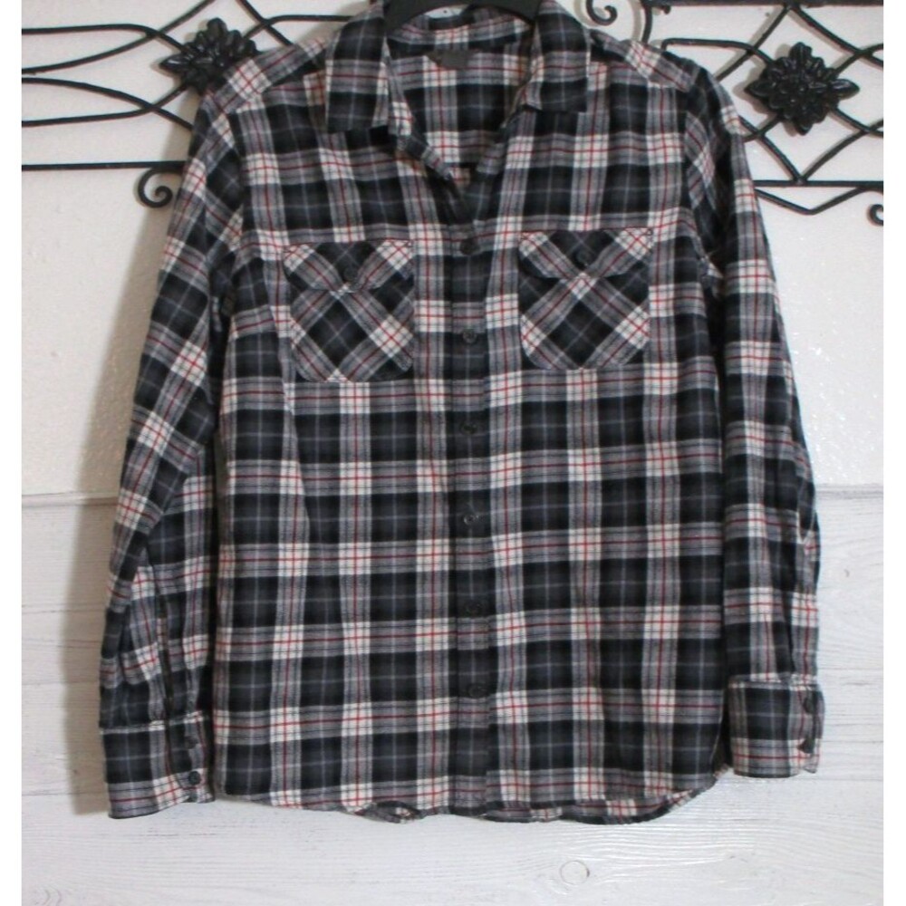 Eddie Bauer Women's Button Up Top Size PM Long Sleeve Black Plaid Pockets